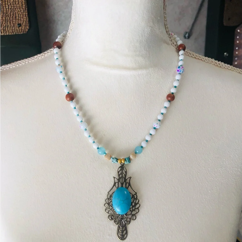 Handcrafted large howlite filigree pendant beaded necklace